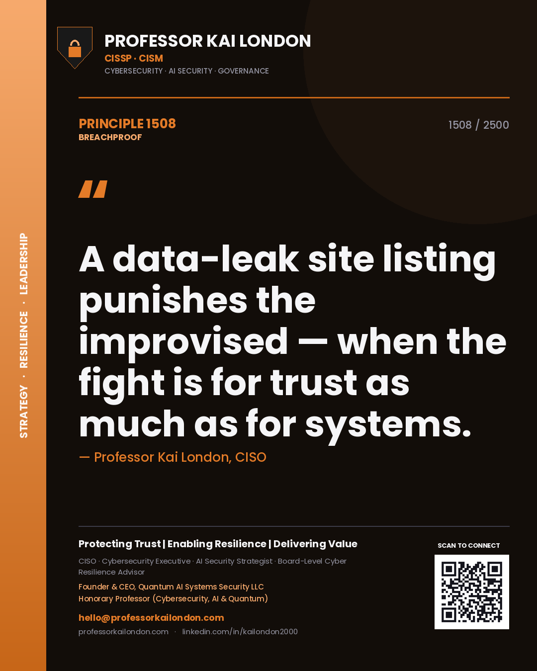 Quote card by Professor Kai London reading 'A data-leak site listing punishes the improvised — when the fight is for trust as much as for systems.'. From the book Breachproof.