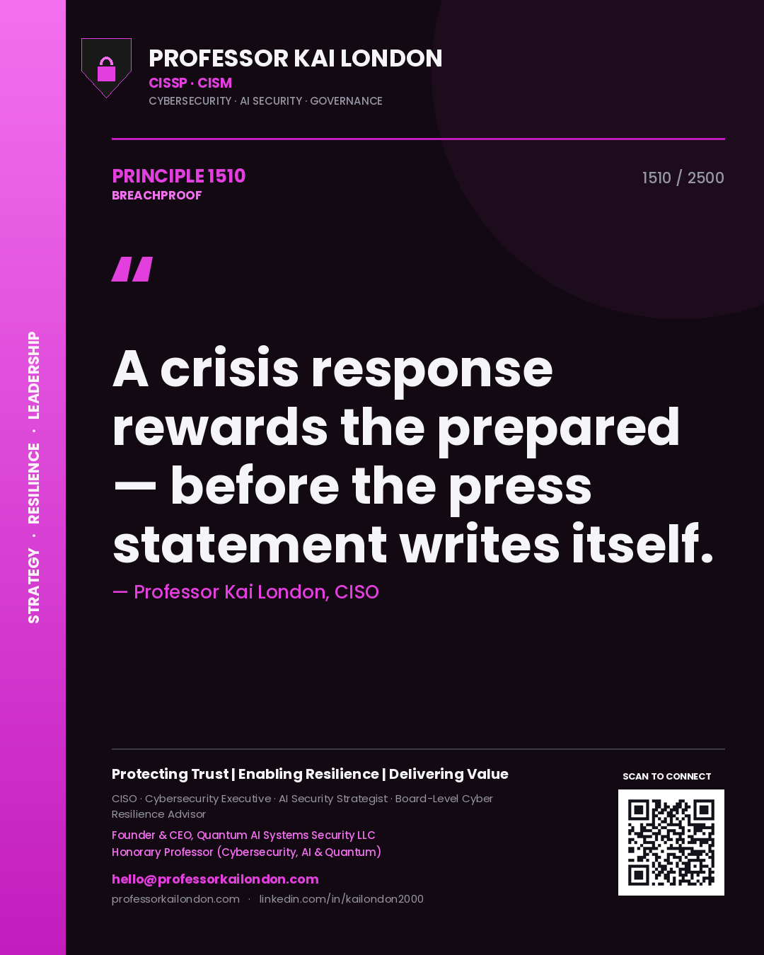 Quote card by Professor Kai London reading 'A crisis response rewards the prepared — before the press statement writes itself.'. From the book Breachproof.
