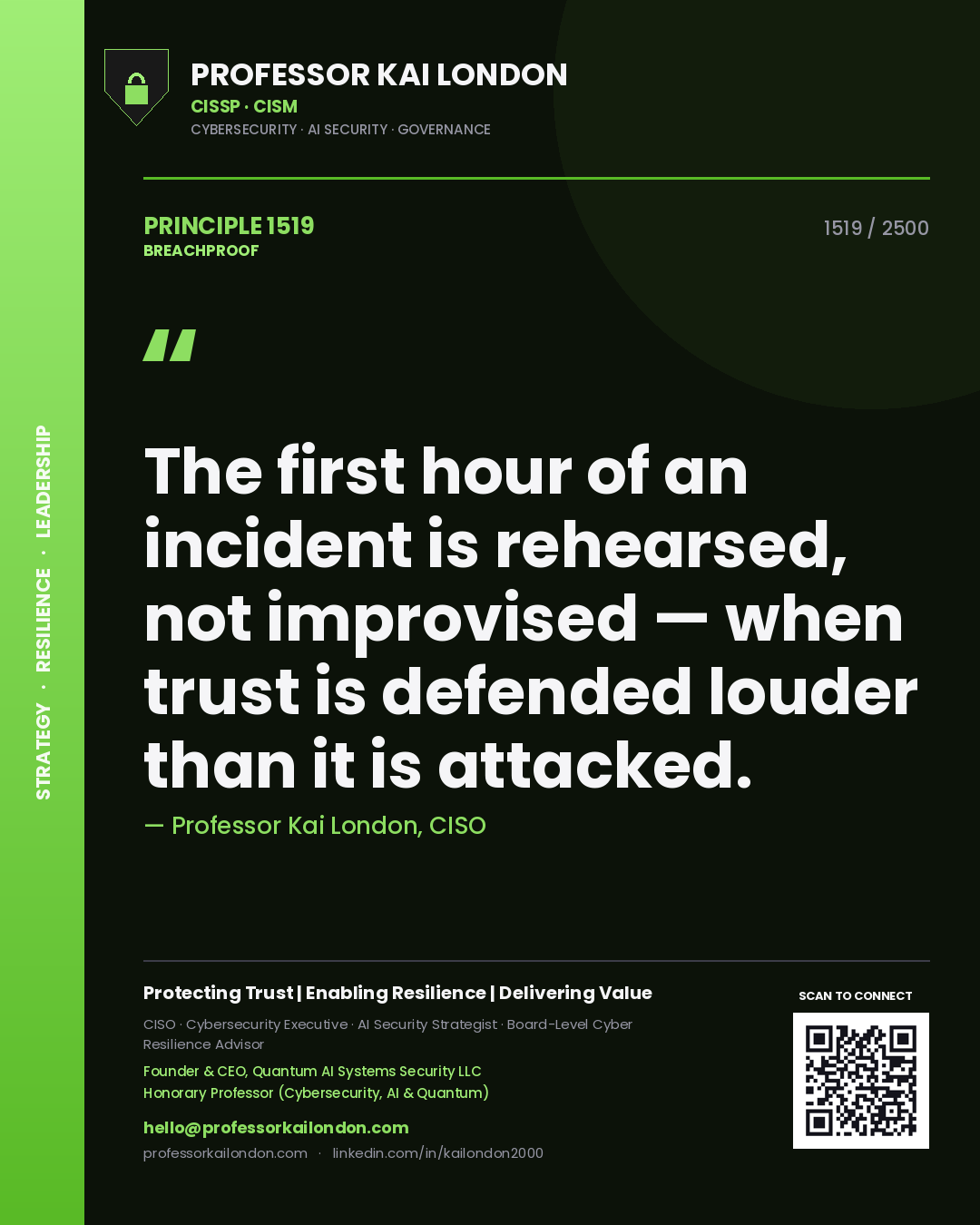 Quote card by Professor Kai London reading 'The first hour of an incident is rehearsed, not improvised — when trust is defended louder than it is attacked.'. From the book Breachproof.