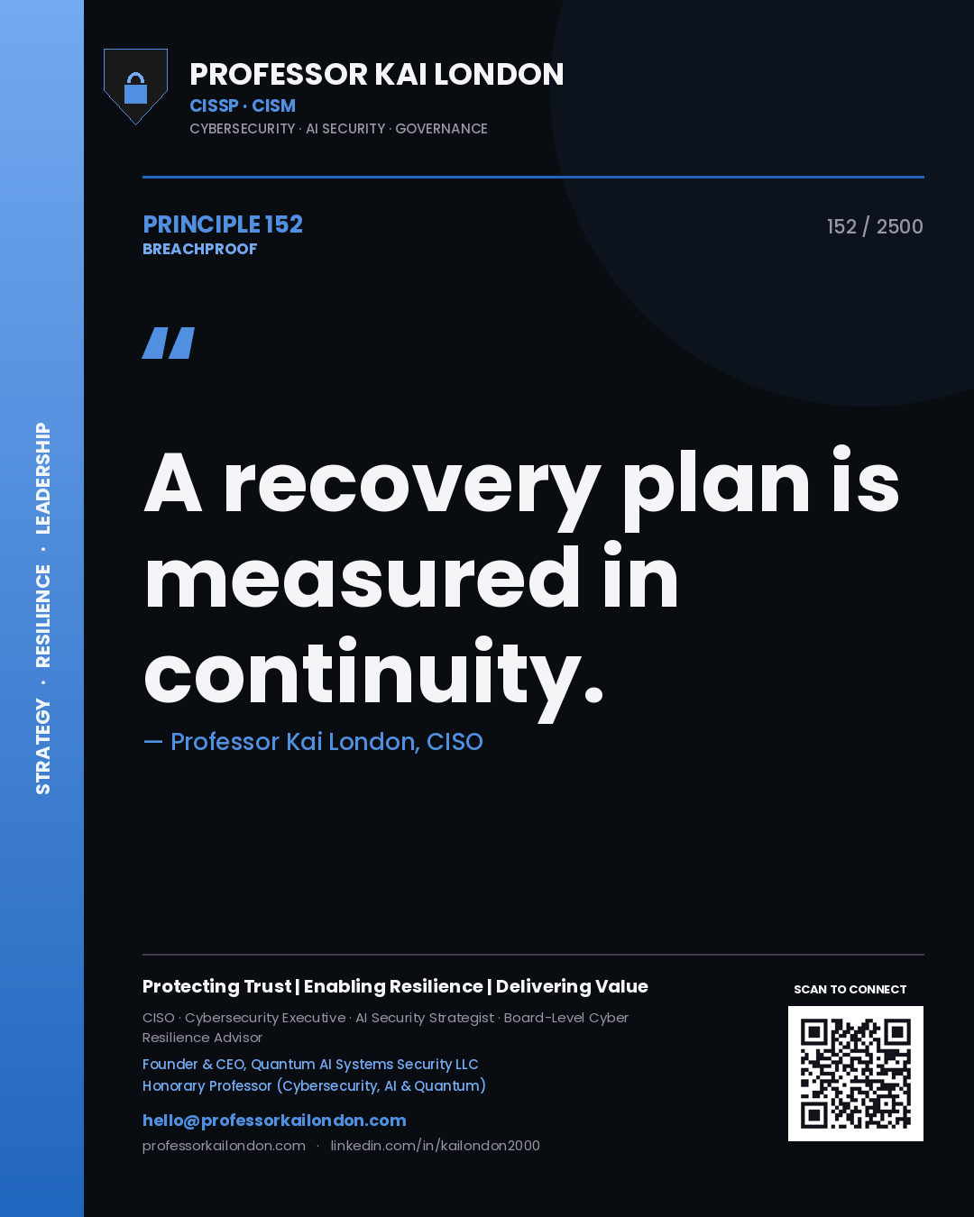 Quote card by Professor Kai London reading 'A recovery plan is measured in continuity.'. From the book Breachproof.