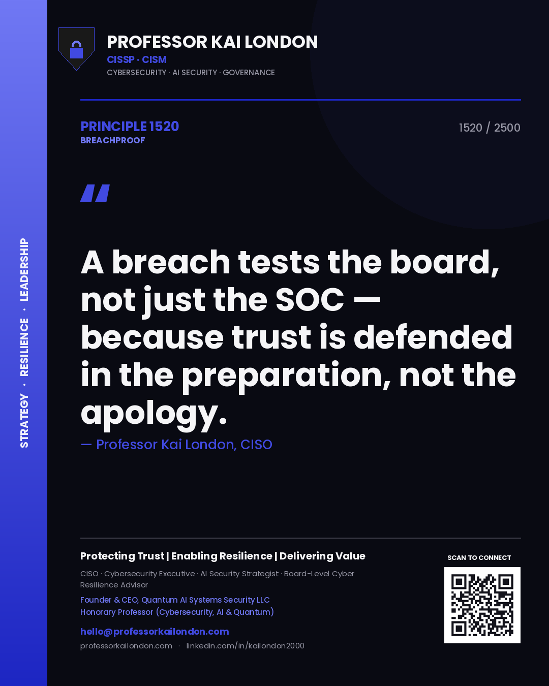Quote card by Professor Kai London reading 'A breach tests the board, not just the SOC — because trust is defended in the preparation, not the apology.'. From the book Breachproof.