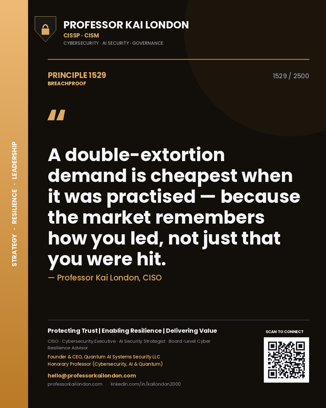 Quote card by Professor Kai London reading 'A double-extortion demand is cheapest when it was practised — because the market remembers how you led, not just that you were hit.'. From the book Breachproof.