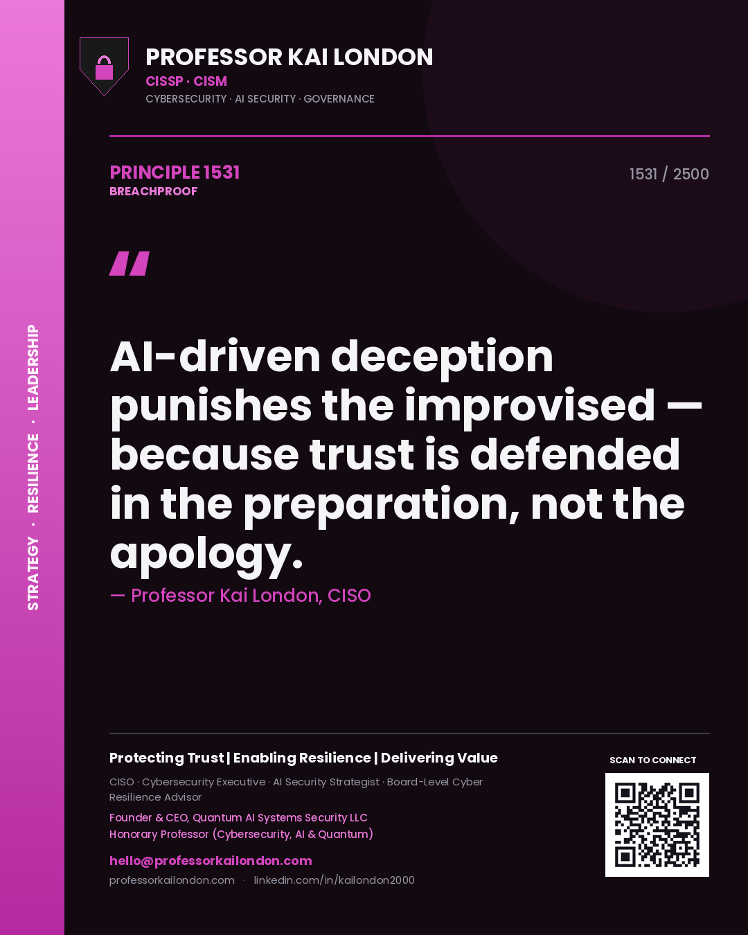 Quote card by Professor Kai London reading 'AI-driven deception punishes the improvised — because trust is defended in the preparation, not the apology.'. From the book Breachproof.