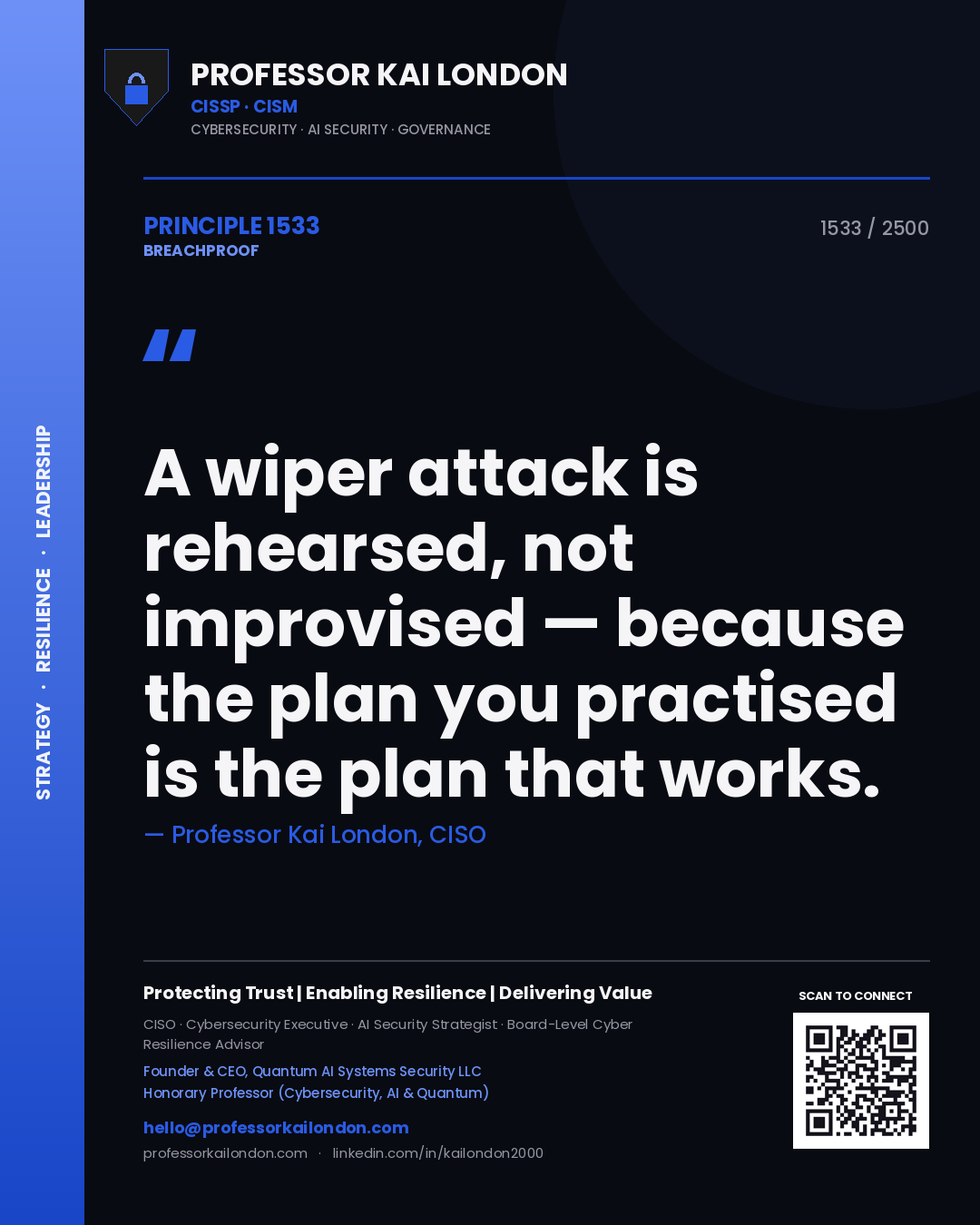 Quote card by Professor Kai London reading 'A wiper attack is rehearsed, not improvised — because the plan you practised is the plan that works.'. From the book Breachproof.