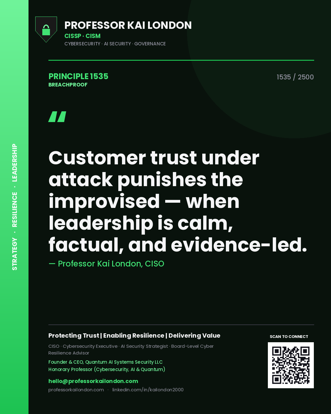 Quote card by Professor Kai London reading 'Customer trust under attack punishes the improvised — when leadership is calm, factual, and evidence-led.'. From the book Breachproof.