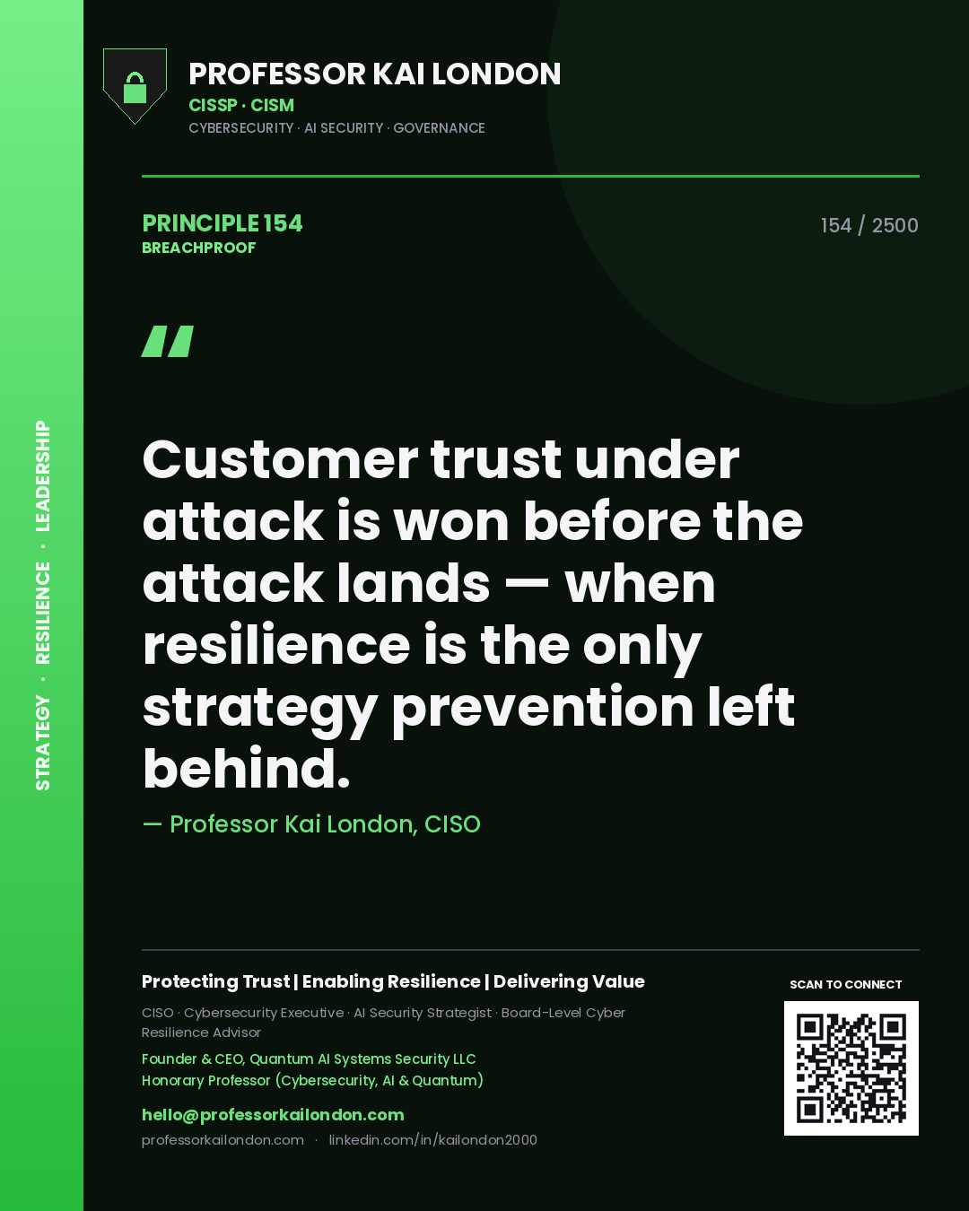 Quote card by Professor Kai London reading 'Customer trust under attack is won before the attack lands — when resilience is the only strategy prevention left behind.'. From the book Breachproof.