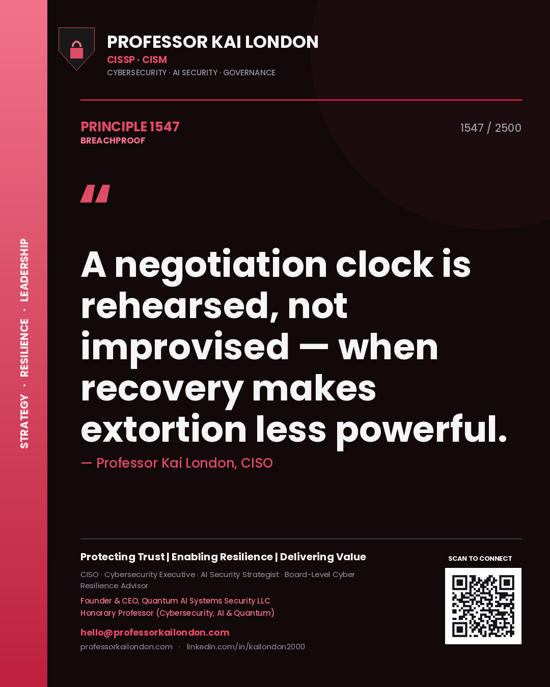 Quote card by Professor Kai London reading 'A negotiation clock is rehearsed, not improvised — when recovery makes extortion less powerful.'. From the book Breachproof.