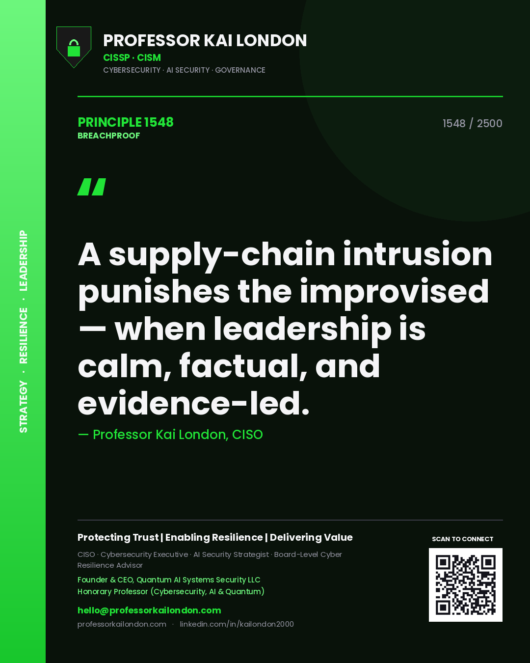 Professor Kai London principle 1548: A supply-chain intrusion punishes the improvised — when leadership is calm, factual, and evidence-led.