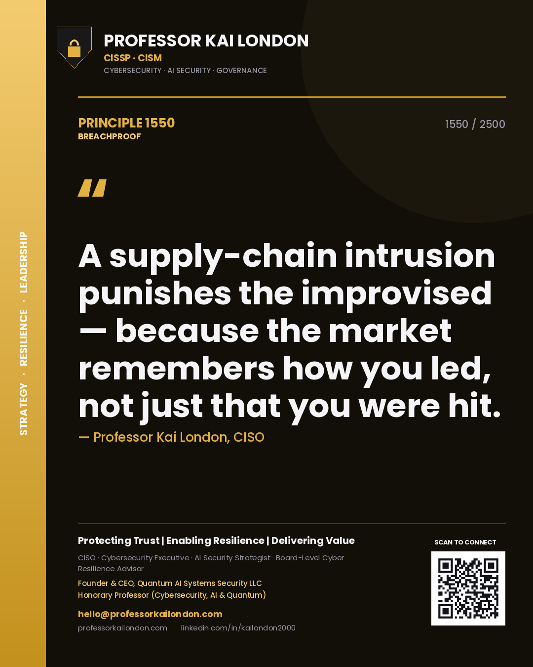 Quote card by Professor Kai London reading 'A supply-chain intrusion punishes the improvised — because the market remembers how you led, not just that you were hit.'. From the book Breachproof.