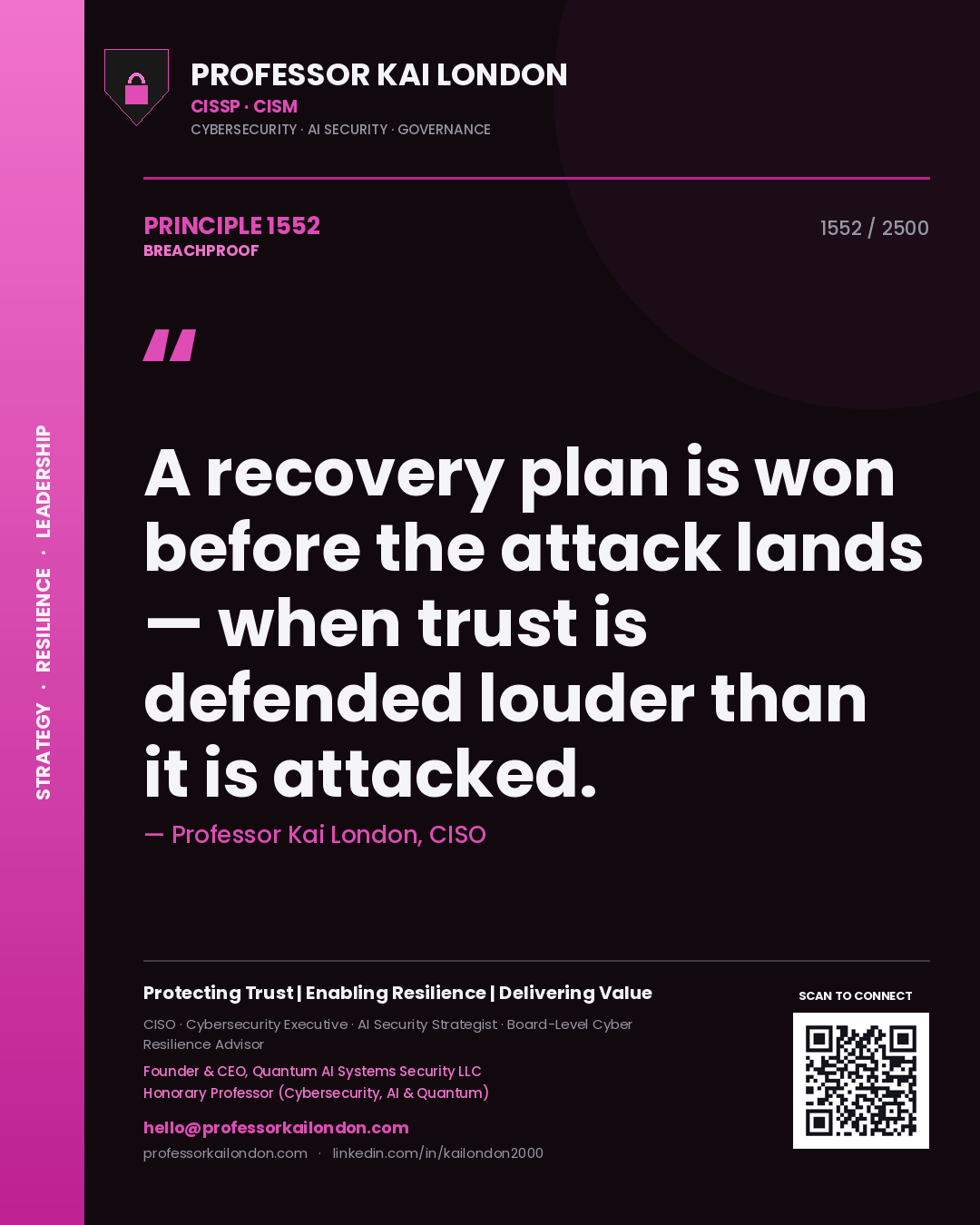 Professor Kai London principle 1552: A recovery plan is won before the attack lands — when trust is defended louder than it is attacked.
