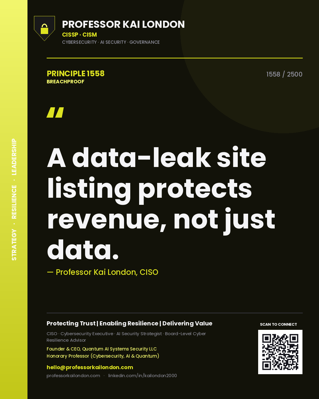 Quote card by Professor Kai London reading 'A data-leak site listing protects revenue, not just data.'. From the book Breachproof.