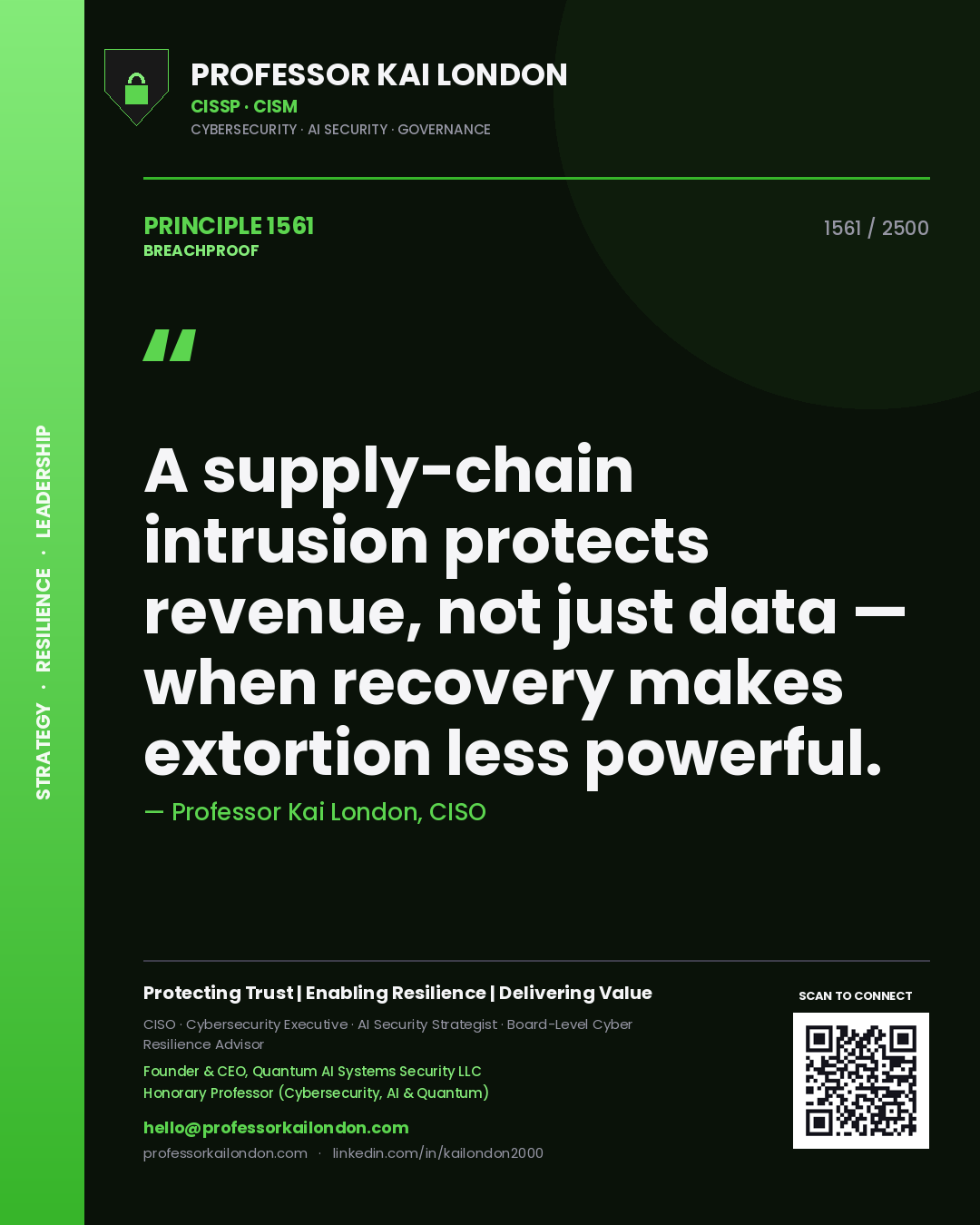 Quote card by Professor Kai London reading 'A supply-chain intrusion protects revenue, not just data — when recovery makes extortion less powerful.'. From the book Breachproof.
