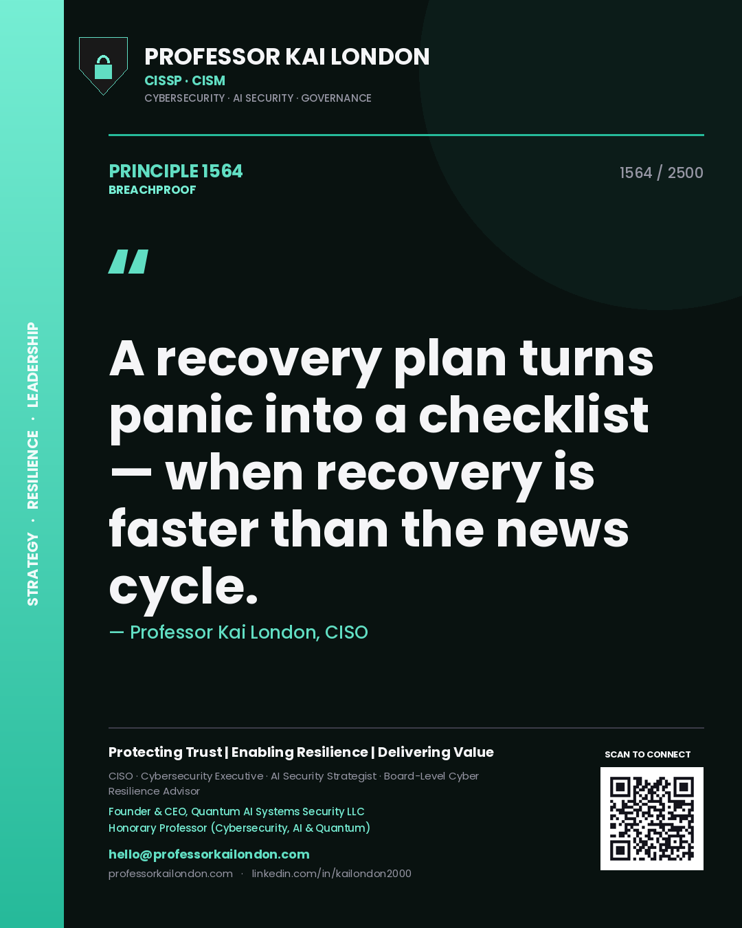 Quote card by Professor Kai London reading 'A recovery plan turns panic into a checklist — when recovery is faster than the news cycle.'. From the book Breachproof.