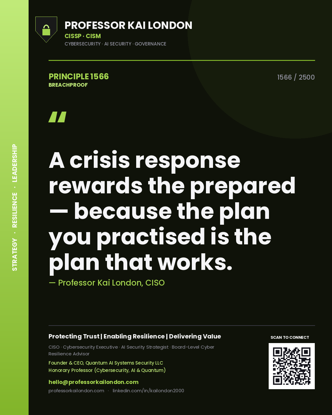 Quote card by Professor Kai London reading 'A crisis response rewards the prepared — because the plan you practised is the plan that works.'. From the book Breachproof.