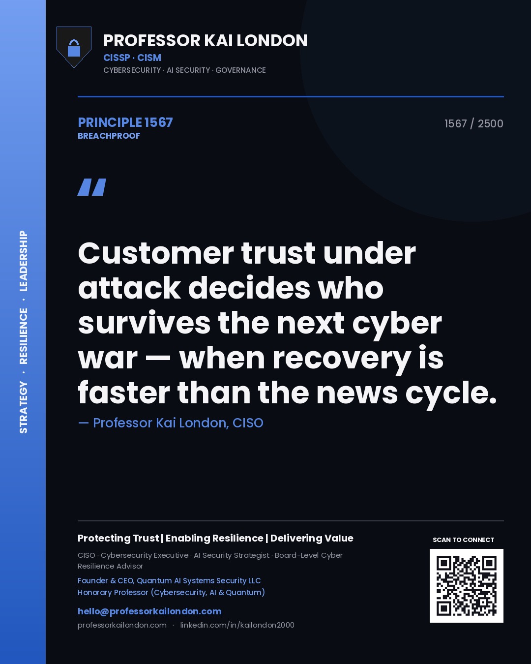 Quote card by Professor Kai London reading 'Customer trust under attack decides who survives the next cyber war — when recovery is faster than the news cycle.'. From the book Breachproof.