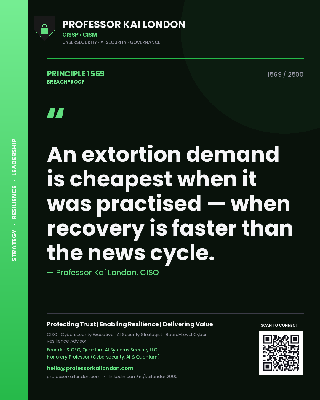 Professor Kai London principle 1569: An extortion demand is cheapest when it was practised — when recovery is faster than the news cycle.
