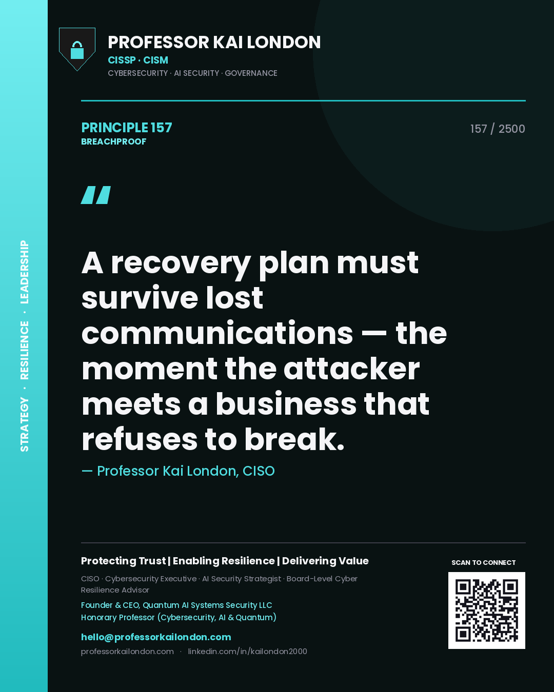 Quote card by Professor Kai London reading 'A recovery plan must survive lost communications — the moment the attacker meets a business that refuses to break.'. From the book Breachproof.
