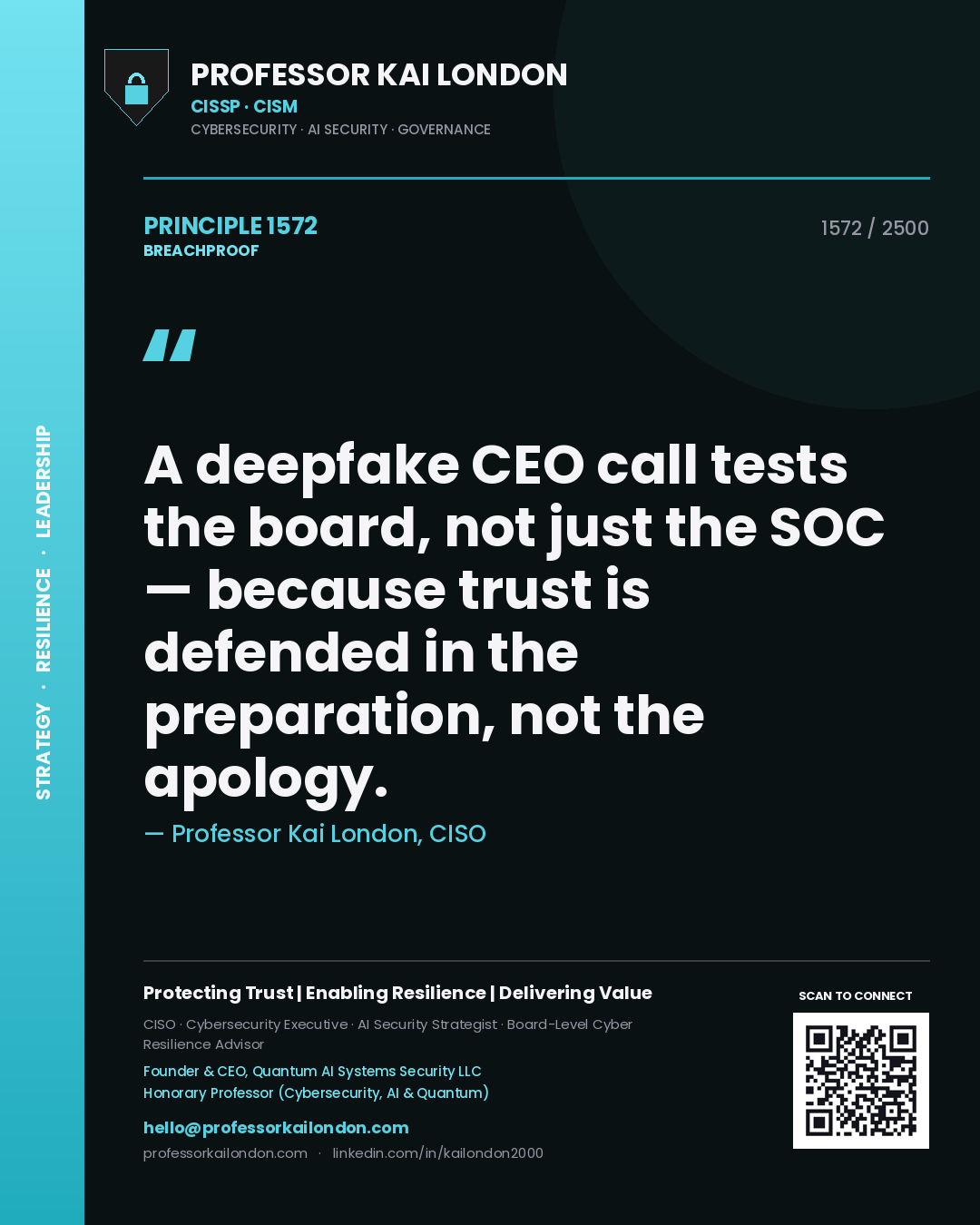 Quote card by Professor Kai London reading 'A deepfake CEO call tests the board, not just the SOC — because trust is defended in the preparation, not the apology.'. From the book Breachproof.