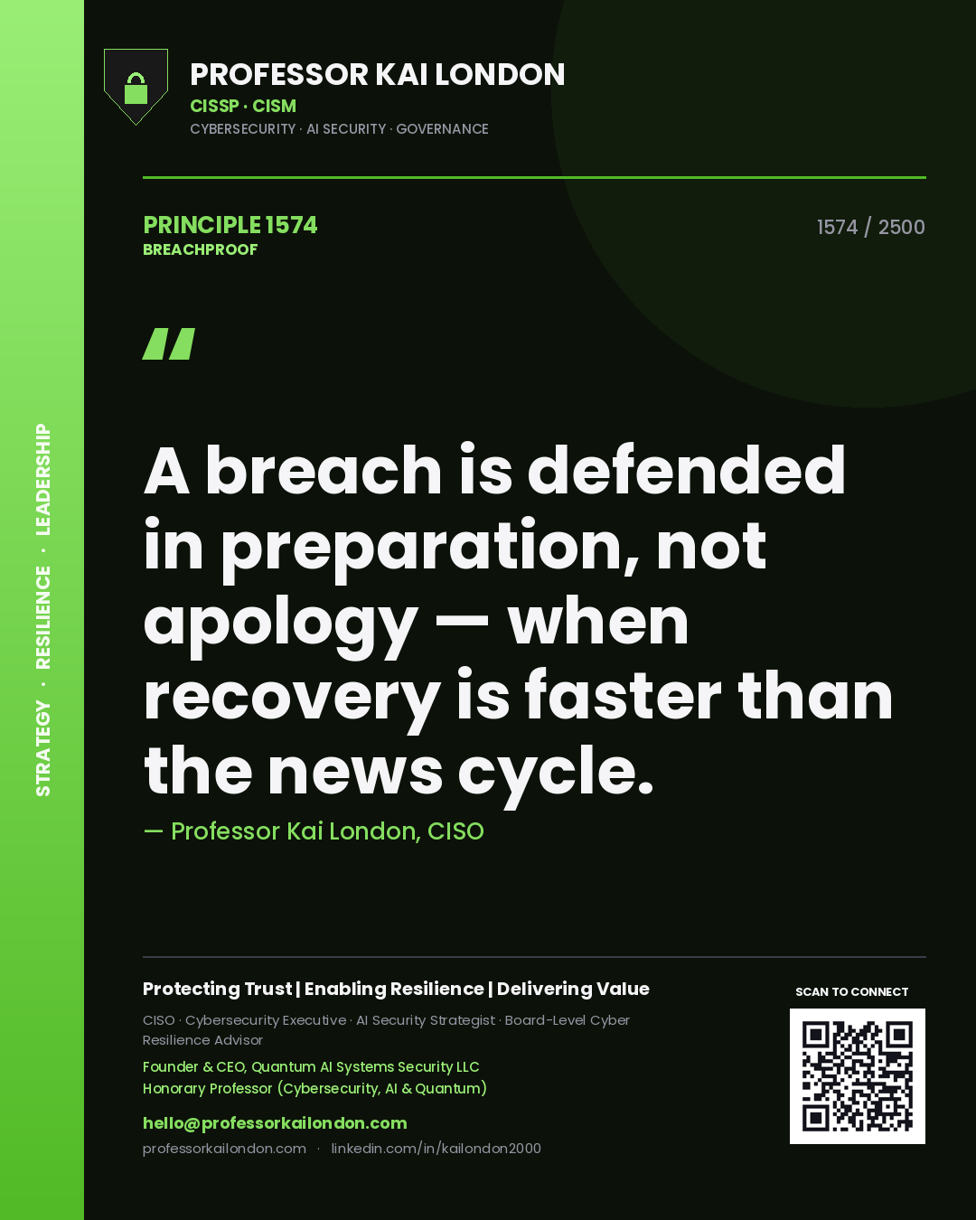 Professor Kai London principle 1574: A breach is defended in preparation, not apology — when recovery is faster than the news cycle.