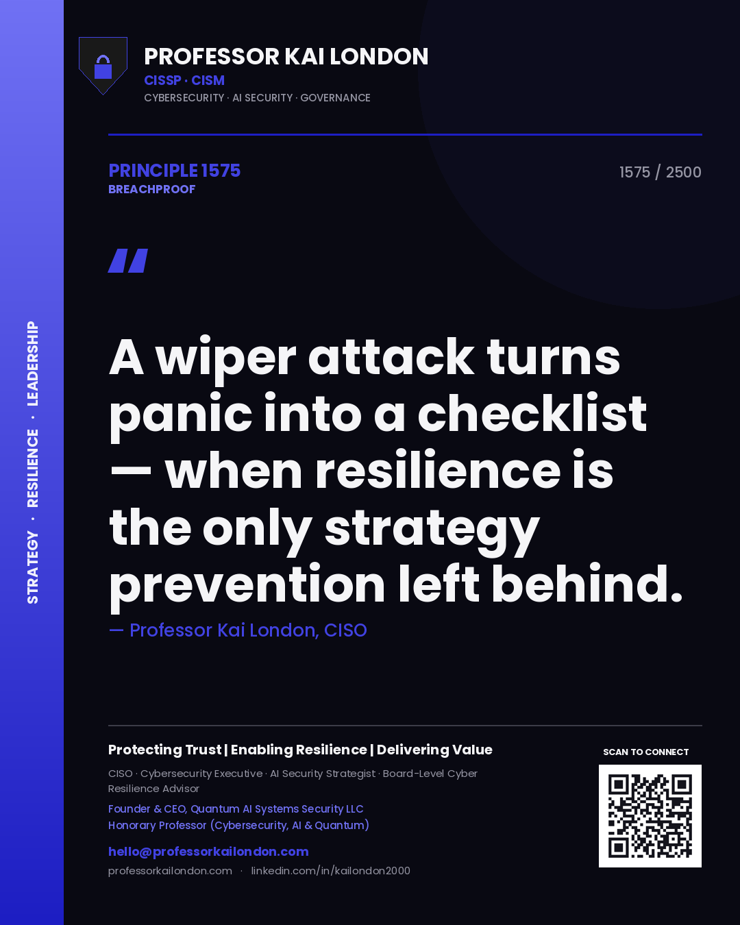 Quote card by Professor Kai London reading 'A wiper attack turns panic into a checklist — when resilience is the only strategy prevention left behind.'. From the book Breachproof.