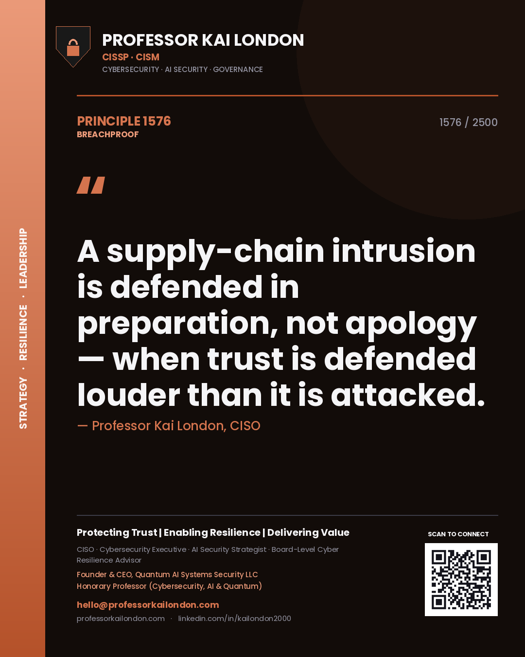 Quote card by Professor Kai London reading 'A supply-chain intrusion is defended in preparation, not apology — when trust is defended louder than it is attacked.'. From the book Breachproof.
