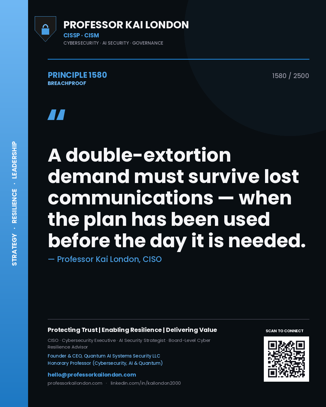 Quote card by Professor Kai London reading 'A double-extortion demand must survive lost communications — when the plan has been used before the day it is needed.'. From the book Breachproof.