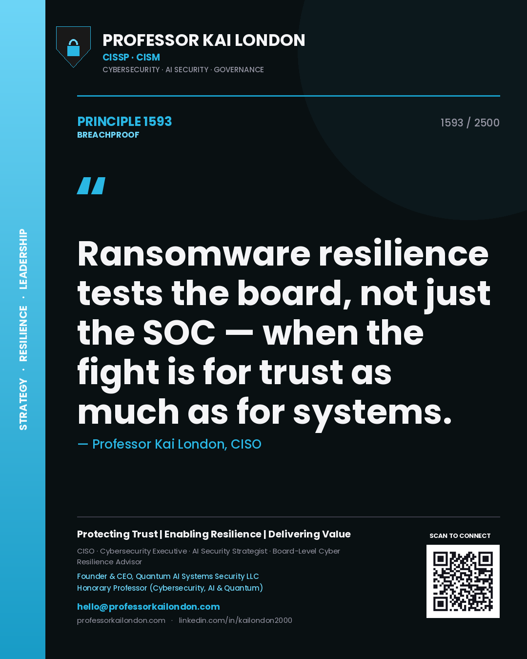 Quote card by Professor Kai London reading 'Ransomware resilience tests the board, not just the SOC — when the fight is for trust as much as for systems.'. From the book Breachproof.