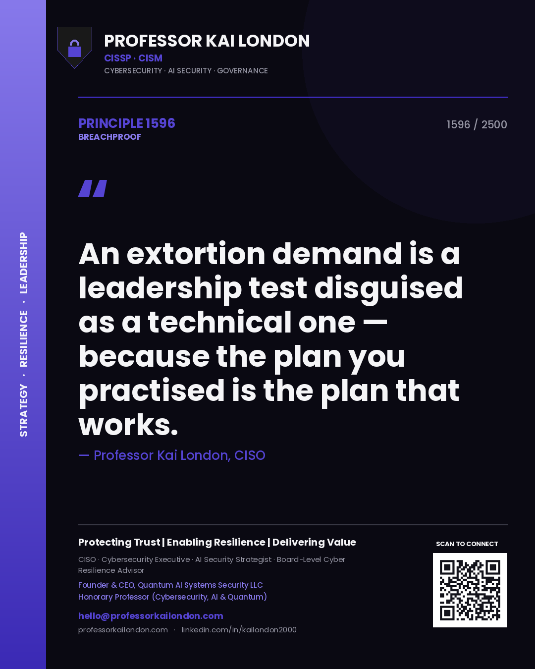 Quote card by Professor Kai London reading 'An extortion demand is a leadership test disguised as a technical one — because the plan you practised is the plan that works.'. From the book Breachproof.