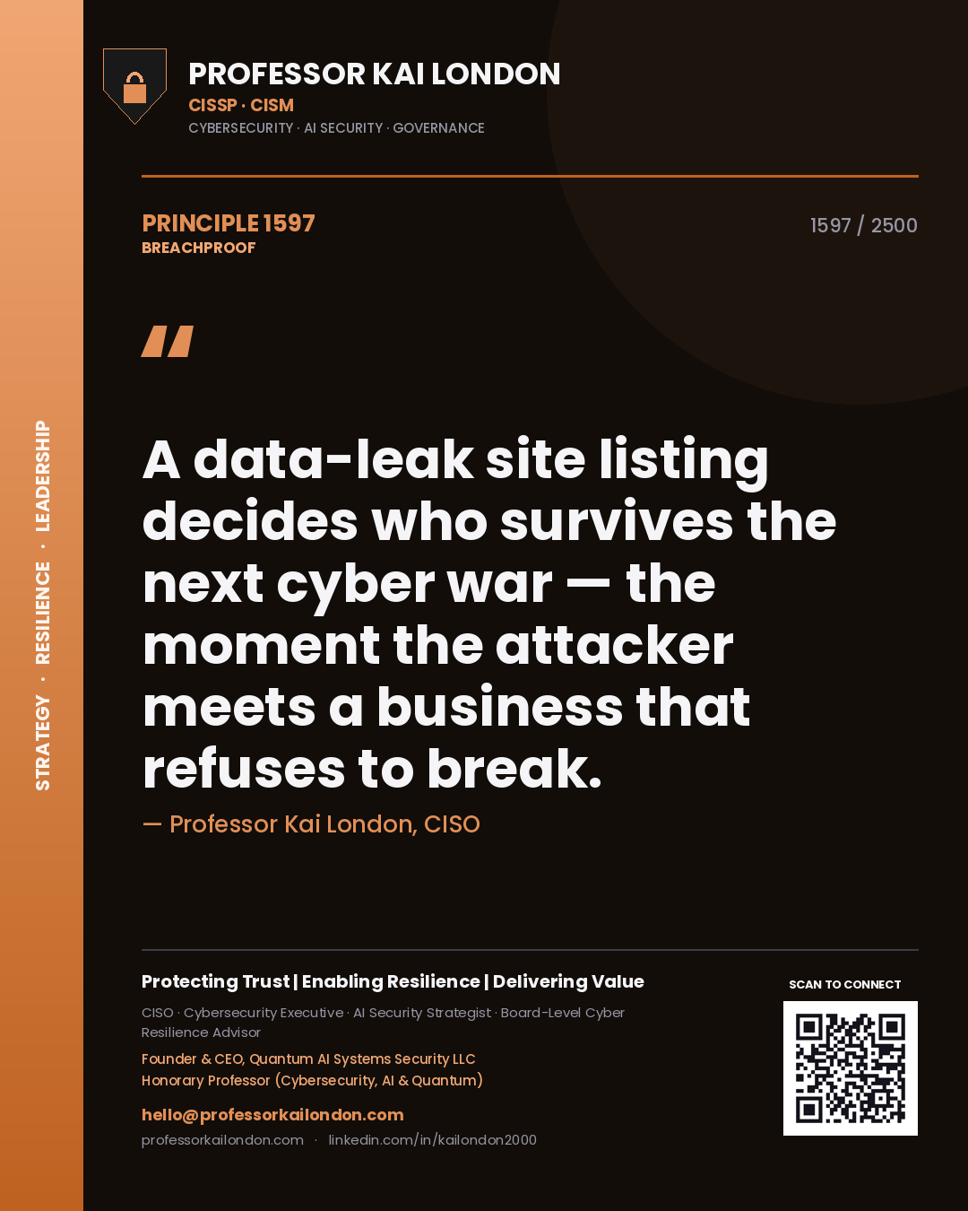 Quote card by Professor Kai London reading 'A data-leak site listing decides who survives the next cyber war — the moment the attacker meets a business that refuses to break.'. From the book Breachproof.