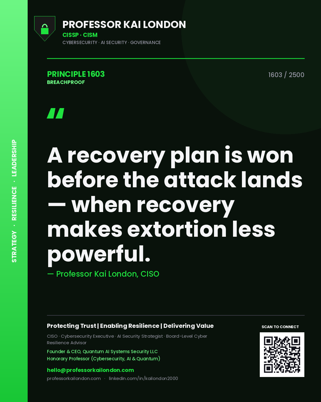 Quote card by Professor Kai London reading 'A recovery plan is won before the attack lands — when recovery makes extortion less powerful.'. From the book Breachproof.
