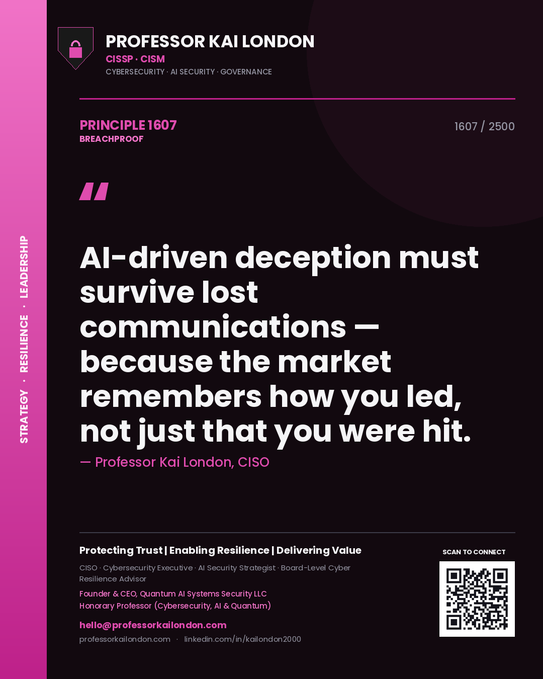 Quote card by Professor Kai London reading 'AI-driven deception must survive lost communications — because the market remembers how you led, not just that you were hit.'. From the book Breachproof.