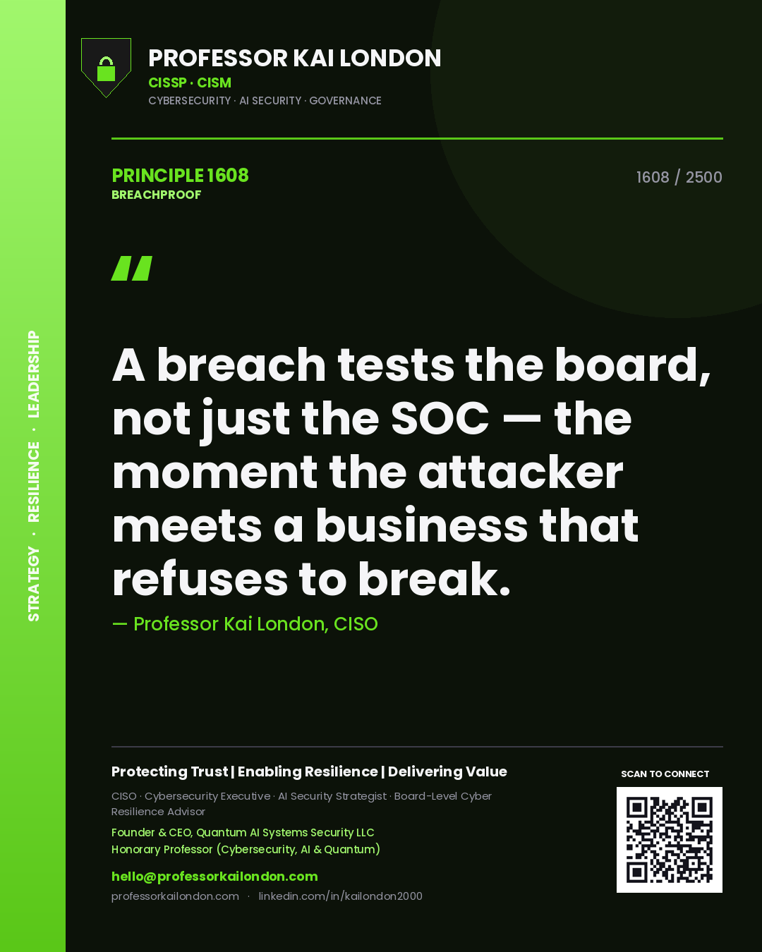 Quote card by Professor Kai London reading 'A breach tests the board, not just the SOC — the moment the attacker meets a business that refuses to break.'. From the book Breachproof.