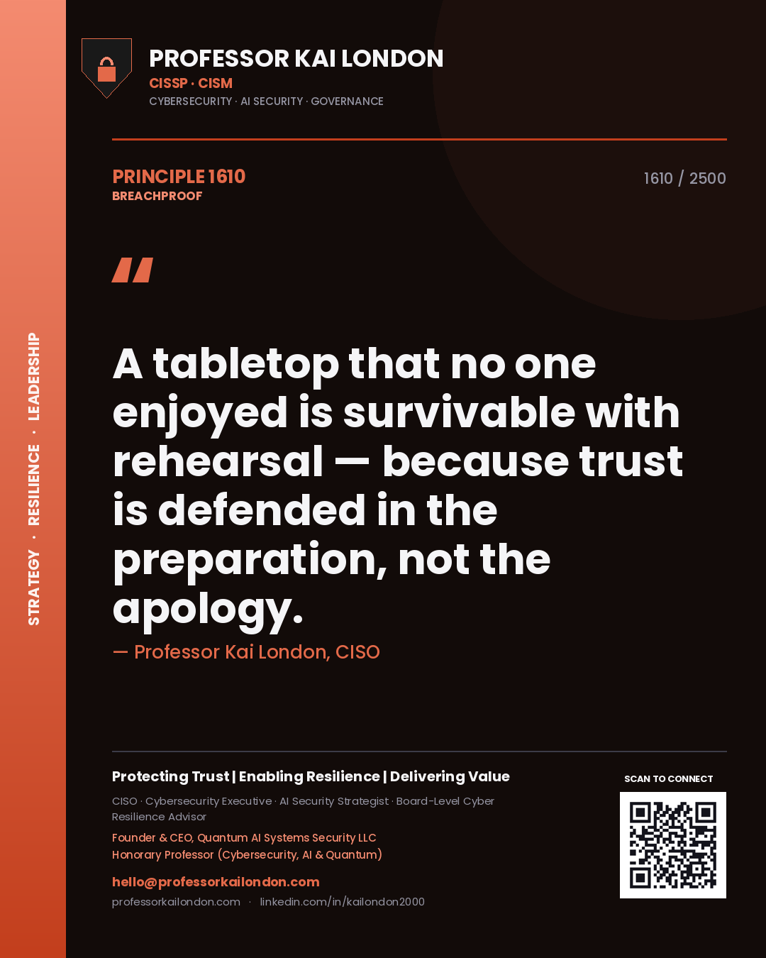 Quote card by Professor Kai London reading 'A tabletop that no one enjoyed is survivable with rehearsal — because trust is defended in the preparation, not the apology.'. From the book Breachproof.