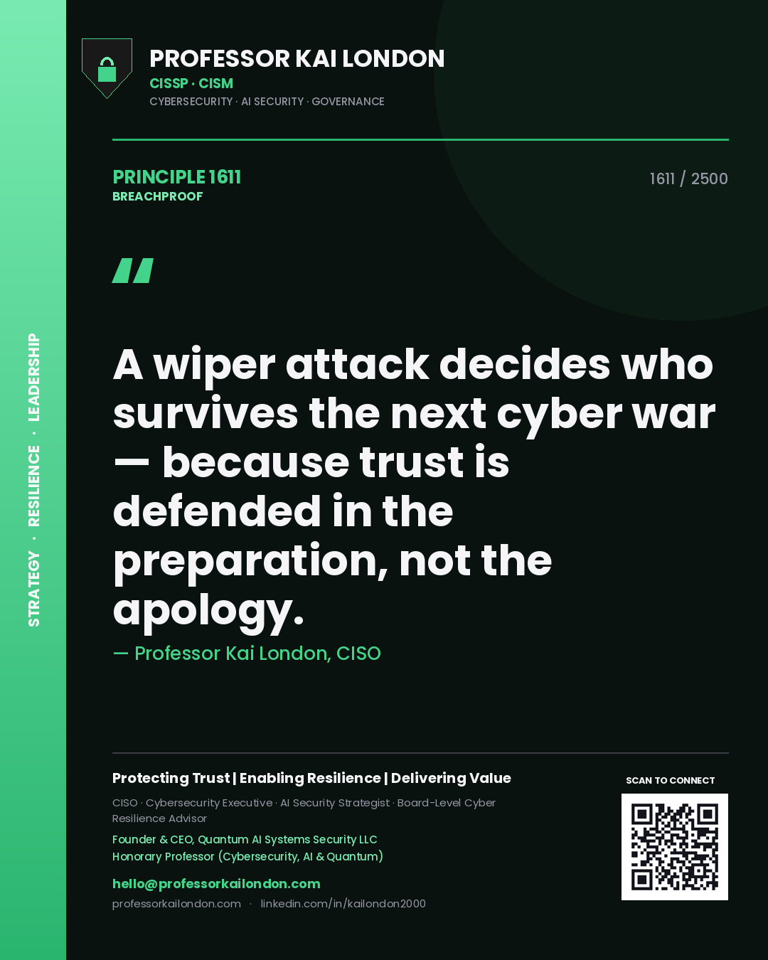 Quote card by Professor Kai London reading 'A wiper attack decides who survives the next cyber war — because trust is defended in the preparation, not the apology.'. From the book Breachproof.