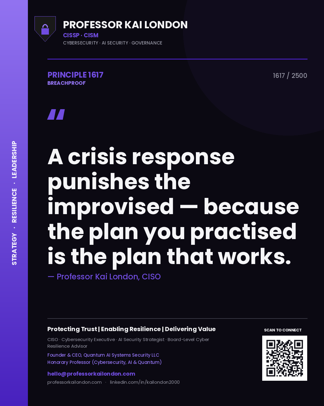 Quote card by Professor Kai London reading 'A crisis response punishes the improvised — because the plan you practised is the plan that works.'. From the book Breachproof.