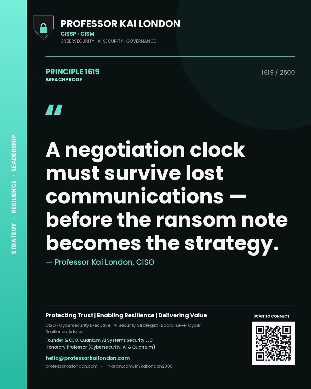 Quote card by Professor Kai London reading 'A negotiation clock must survive lost communications — before the ransom note becomes the strategy.'. From the book Breachproof.