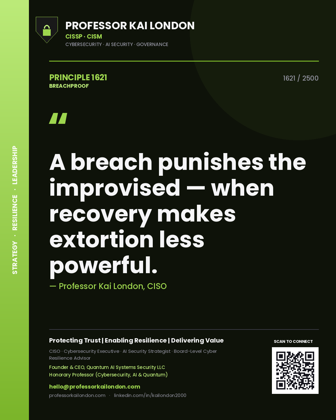 Quote card by Professor Kai London reading 'A breach punishes the improvised — when recovery makes extortion less powerful.'. From the book Breachproof.