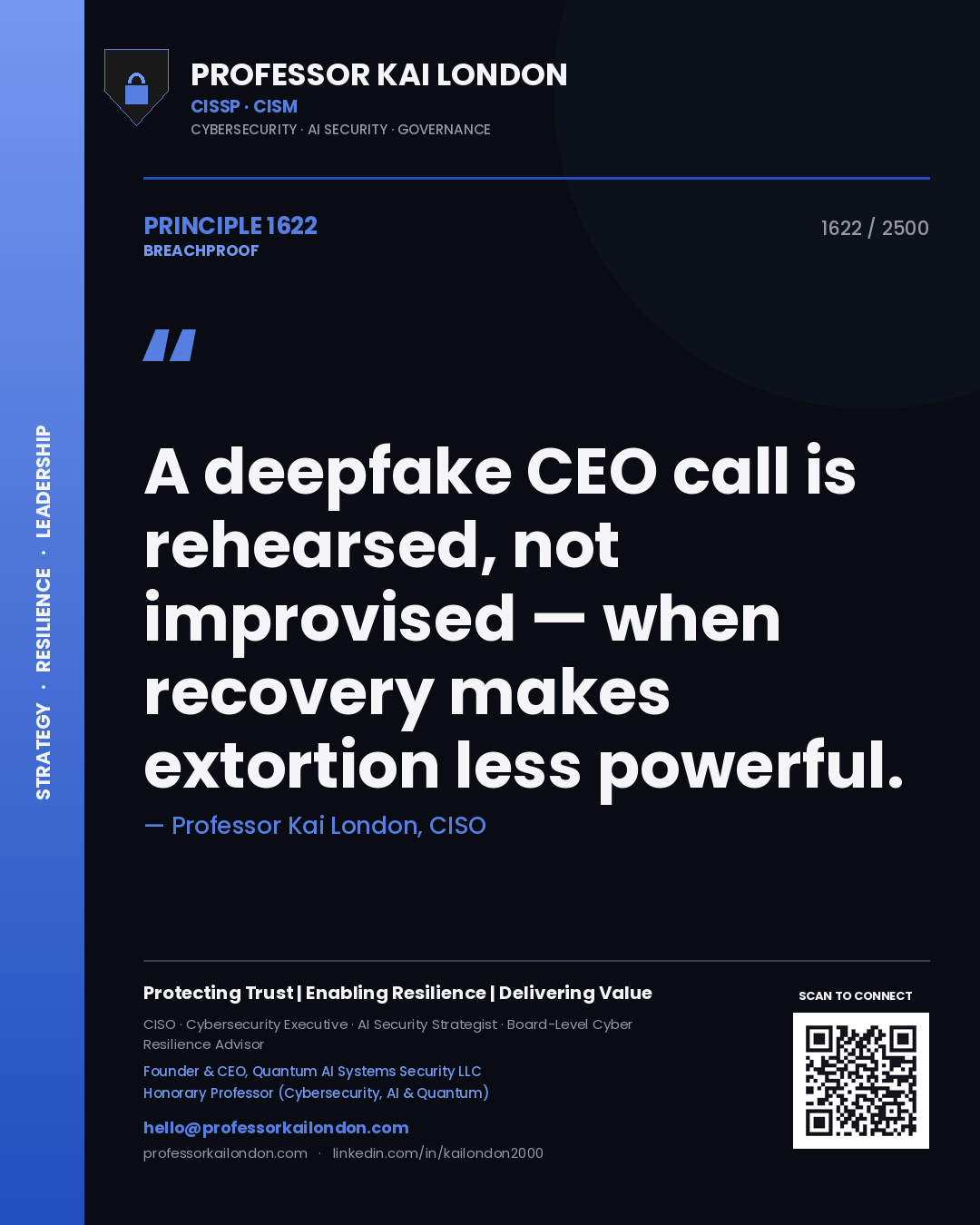 Quote card by Professor Kai London reading 'A deepfake CEO call is rehearsed, not improvised — when recovery makes extortion less powerful.'. From the book Breachproof.