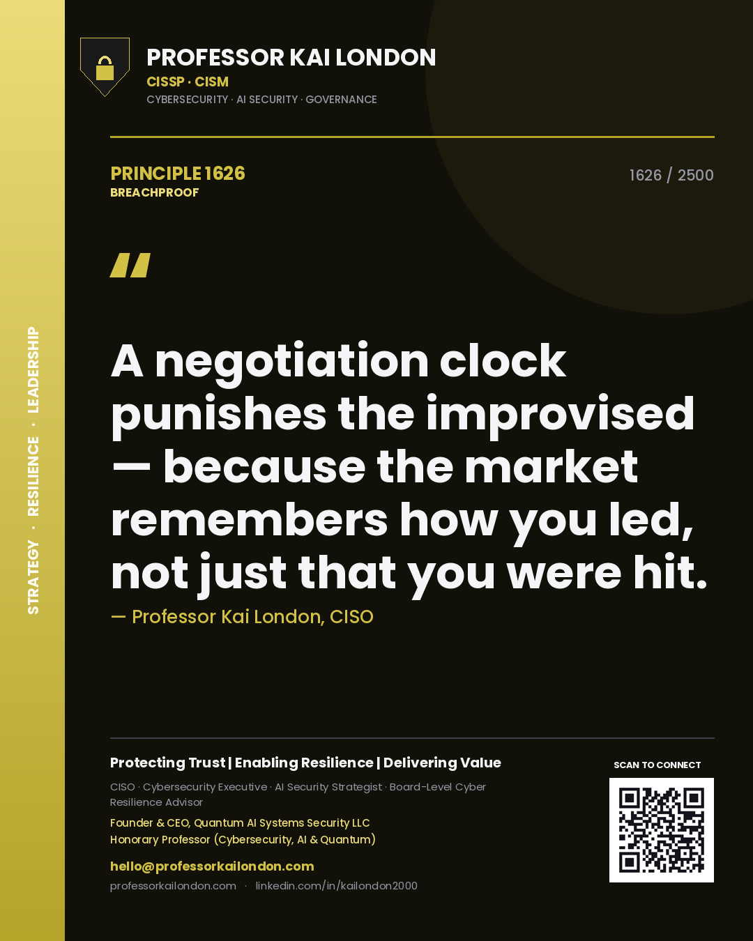 Quote card by Professor Kai London reading 'A negotiation clock punishes the improvised — because the market remembers how you led, not just that you were hit.'. From the book Breachproof.