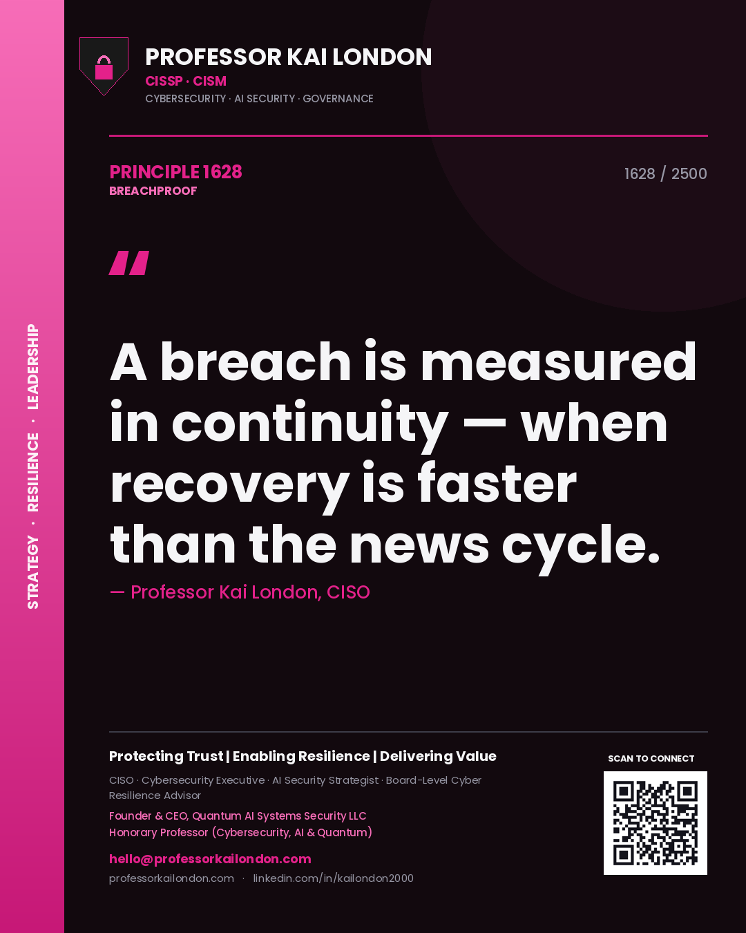 Quote card by Professor Kai London reading 'A breach is measured in continuity — when recovery is faster than the news cycle.'. From the book Breachproof.