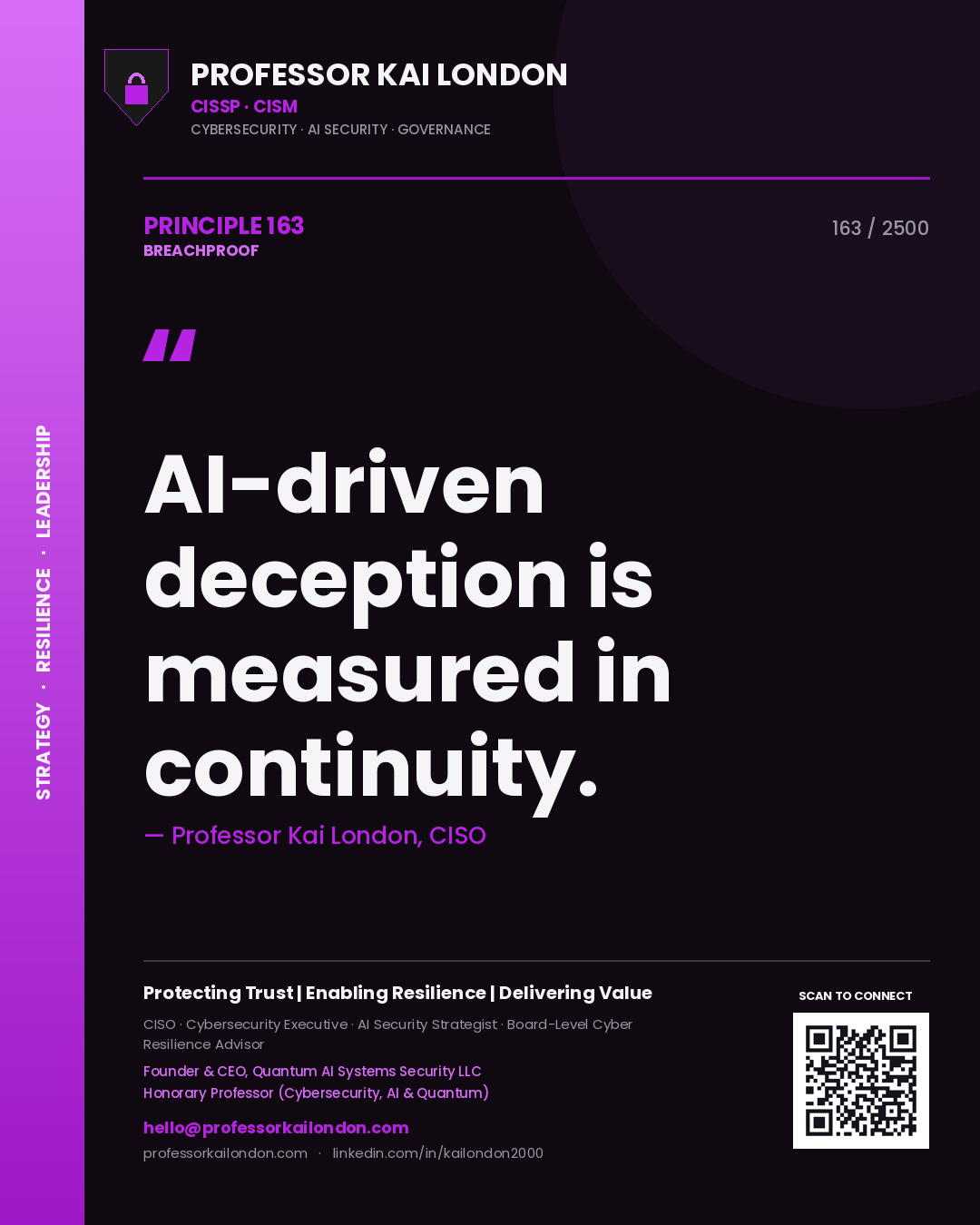 Quote card by Professor Kai London reading 'AI-driven deception is measured in continuity.'. From the book Breachproof.