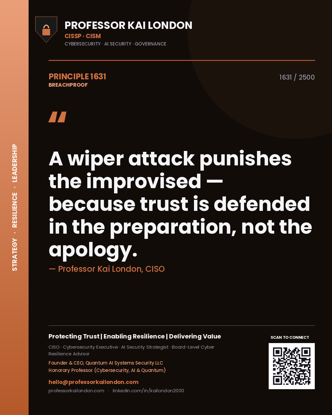 Quote card by Professor Kai London reading 'A wiper attack punishes the improvised — because trust is defended in the preparation, not the apology.'. From the book Breachproof.