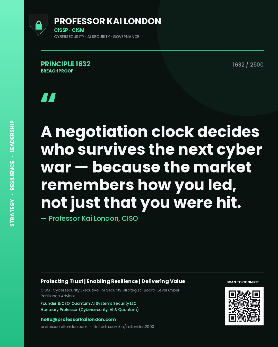 Quote card by Professor Kai London reading 'A negotiation clock decides who survives the next cyber war — because the market remembers how you led, not just that you were hit.'. From the book Breachproof.