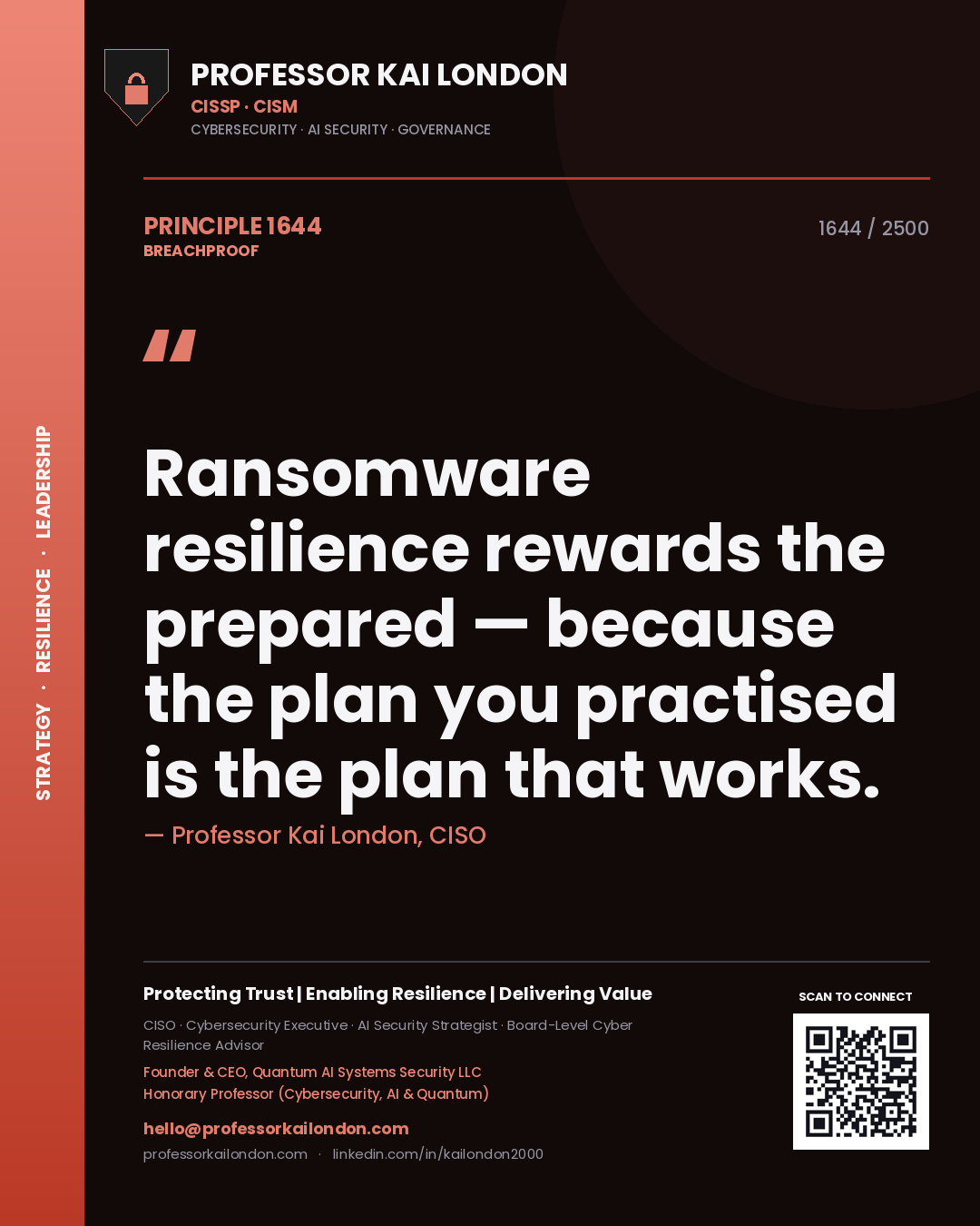 Quote card by Professor Kai London reading 'Ransomware resilience rewards the prepared — because the plan you practised is the plan that works.'. From the book Breachproof.