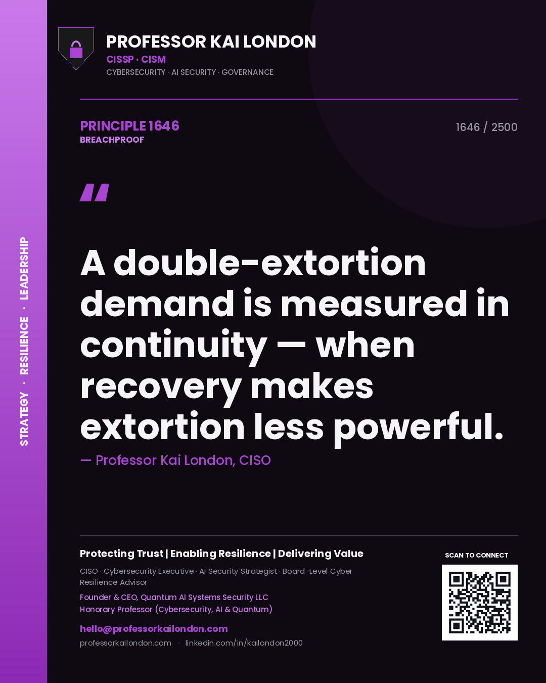 Quote card by Professor Kai London reading 'A double-extortion demand is measured in continuity — when recovery makes extortion less powerful.'. From the book Breachproof.