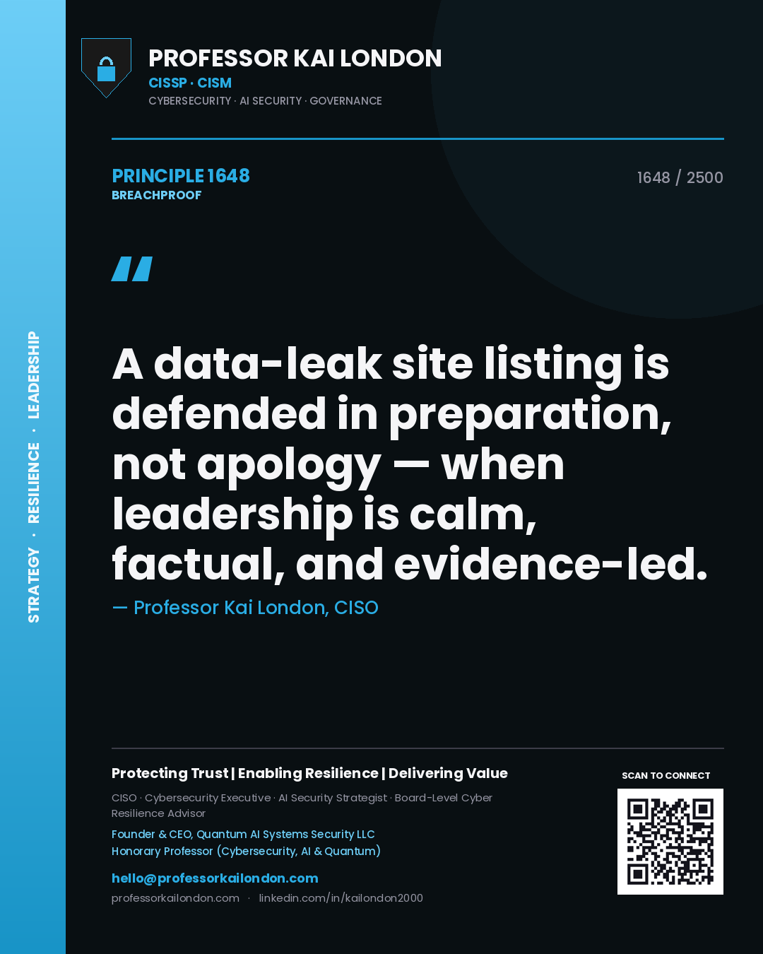 Quote card by Professor Kai London reading 'A data-leak site listing is defended in preparation, not apology — when leadership is calm, factual, and evidence-led.'. From the book Breachproof.