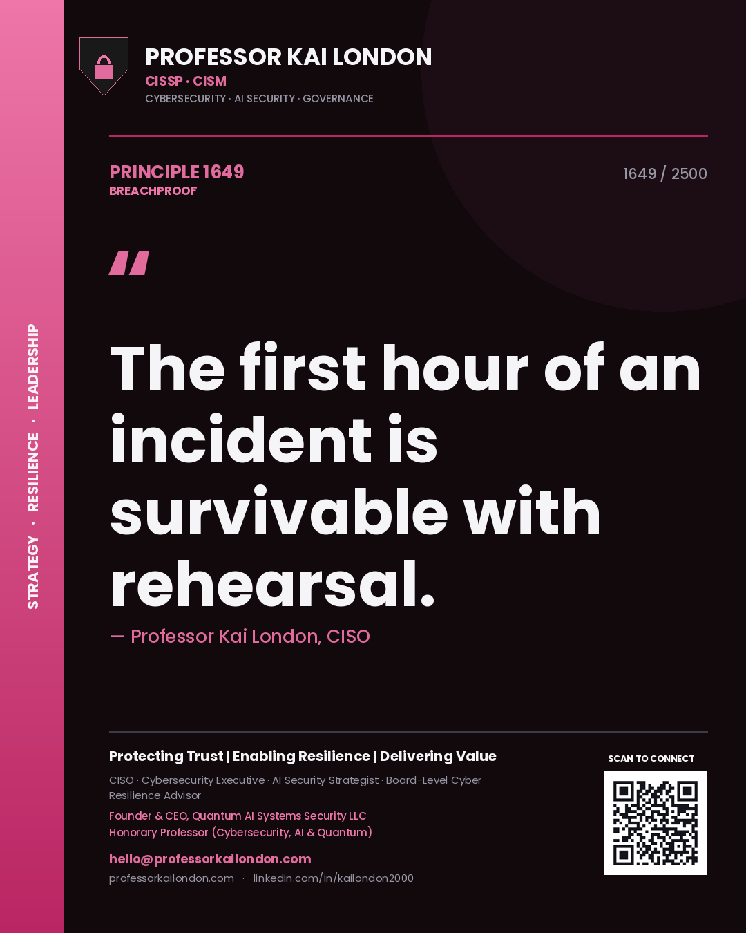 Quote card by Professor Kai London reading 'The first hour of an incident is survivable with rehearsal.'. From the book Breachproof.