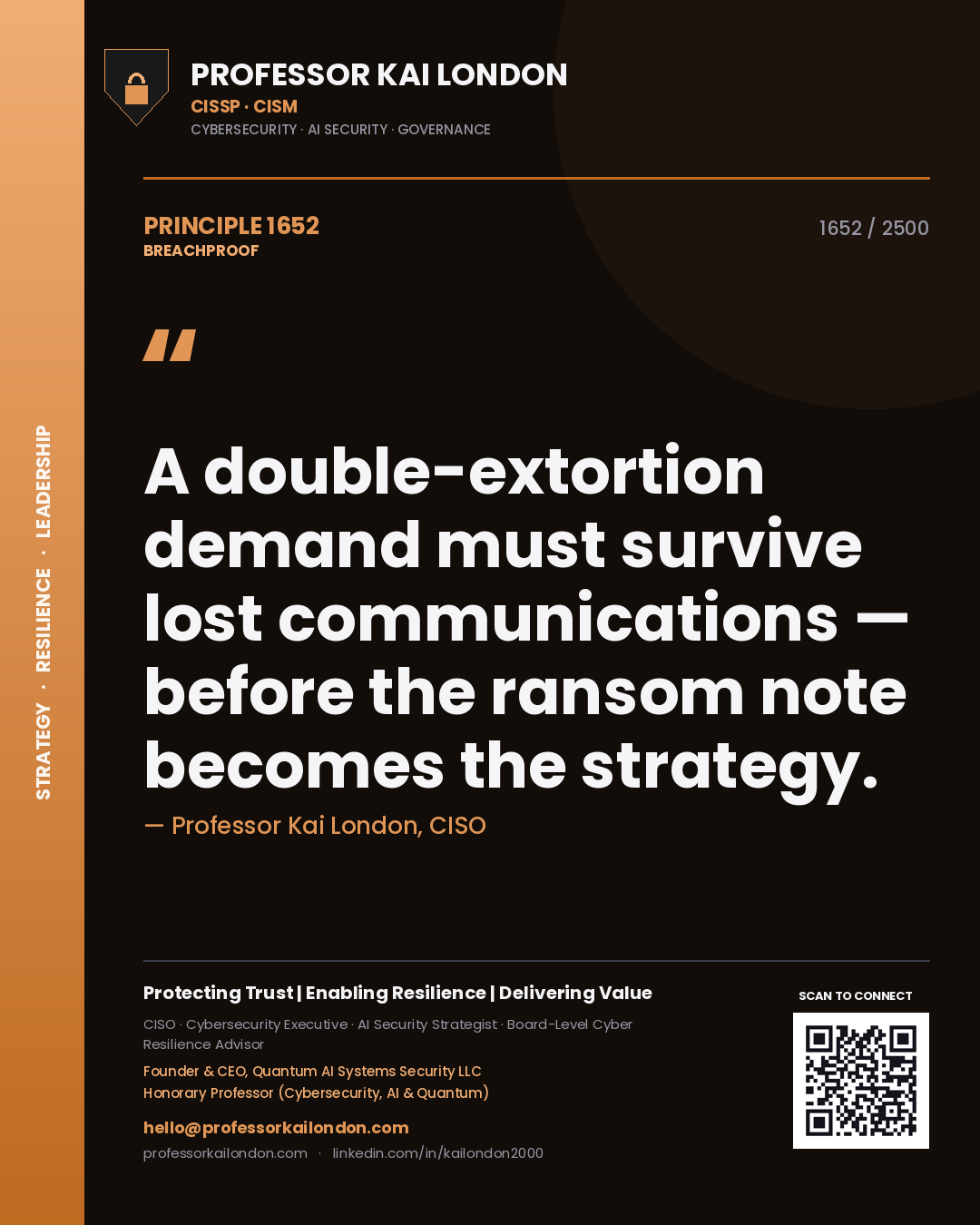 Quote card by Professor Kai London reading 'A double-extortion demand must survive lost communications — before the ransom note becomes the strategy.'. From the book Breachproof.