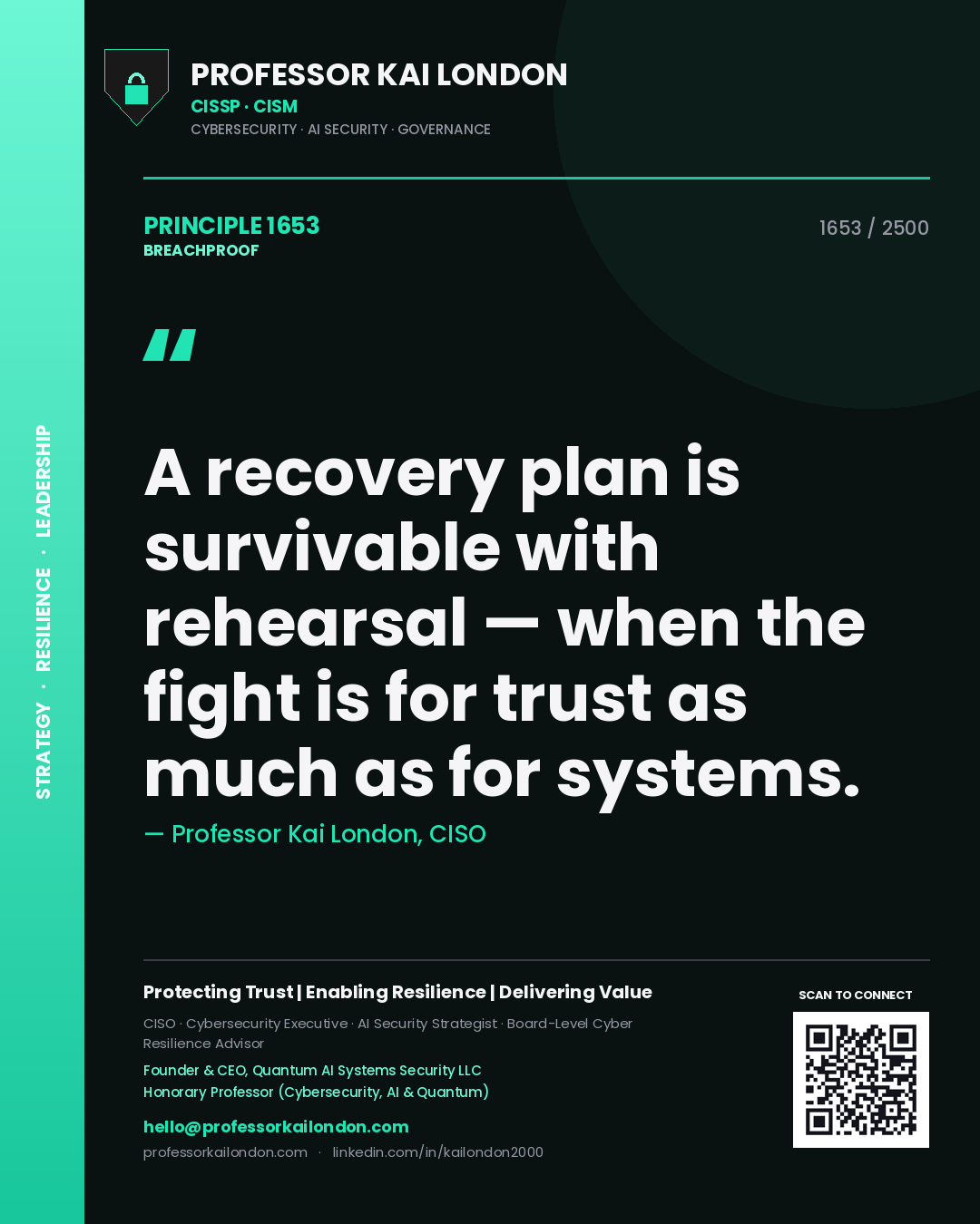 Quote card by Professor Kai London reading 'A recovery plan is survivable with rehearsal — when the fight is for trust as much as for systems.'. From the book Breachproof.