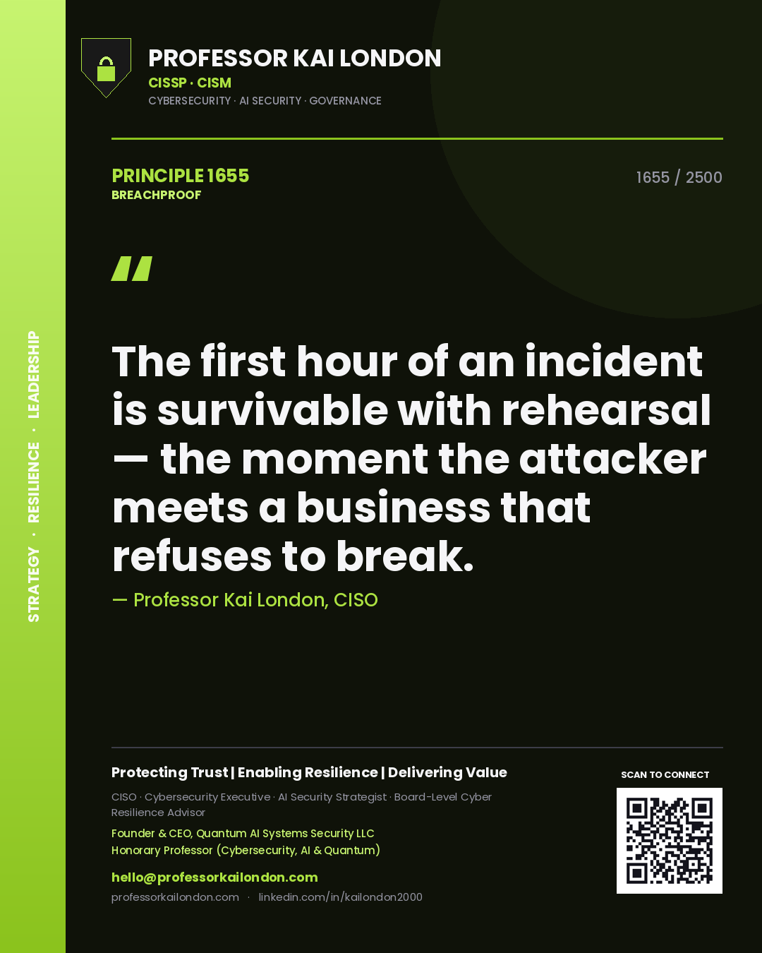 Quote card by Professor Kai London reading 'The first hour of an incident is survivable with rehearsal — the moment the attacker meets a business that refuses to break.'. From the book Breachproof.